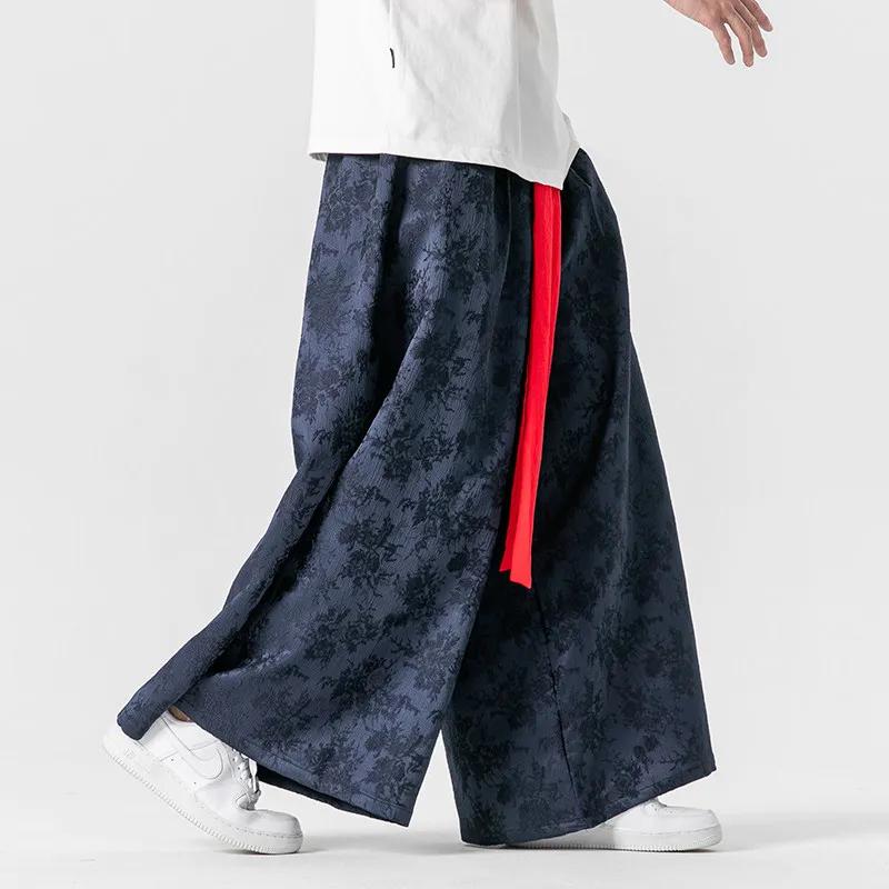 2026 Men Loose Wide Leg Pants Spring Men Casual Black Skirt Pants Fashion Flared Pants Chinese Style Men Print Harajuku Trousers