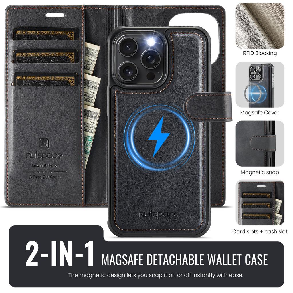 2-in-1 Magnetic Detachable Wallet Case for iPhone 16/16 Pro/16 Pro Max/16 Plus/16e - PU Leather, Card Slots, MagSafe Charging, 360° Protection