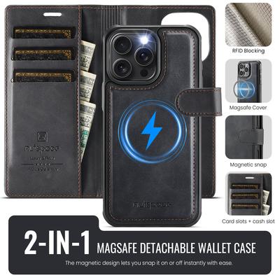 2-in-1 Magnetic Detachable Wallet Case for iPhone 16/16 Pro/16 Pro Max/16 Plus/16e - PU Leather, Card Slots, MagSafe Charging, 360° Protection