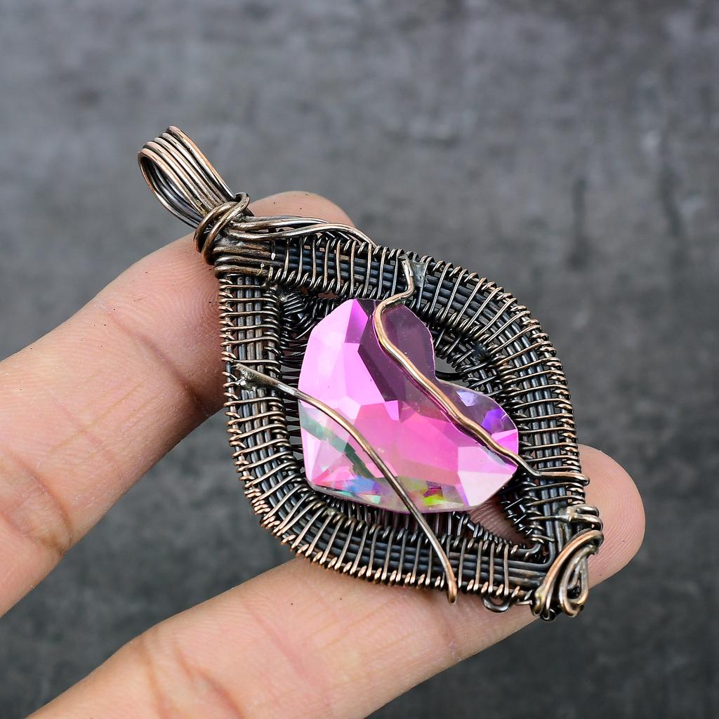 Pink Rubillite Handmade Copper Wire Wrap Jewelry Pendant 2.88" S0e63