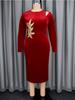 Elegant Women Red Velvet Dress O Neck Cut Out Long Sleeves Embroidery Flower Bodycon Evening Party Wedding Guest Autumn New