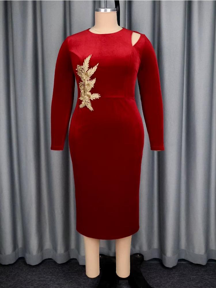 Elegant Women Red Velvet Dress O Neck Cut Out Long Sleeves Embroidery Flower Bodycon Evening Party Wedding Guest Autumn New