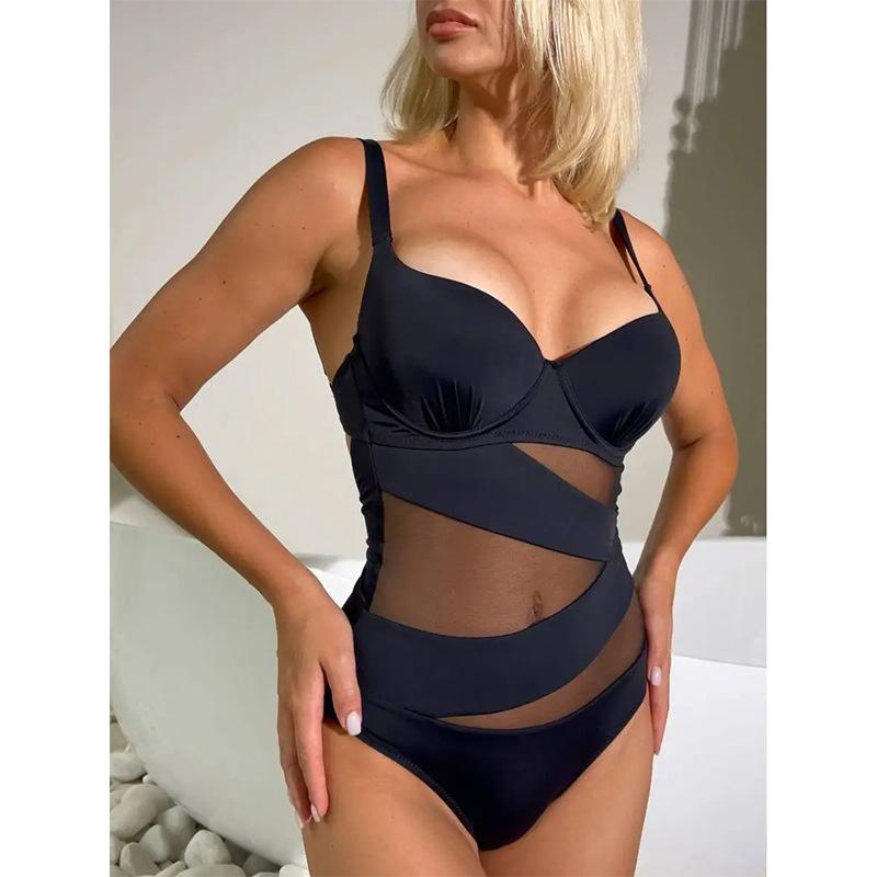 Plus Size Women's Swimsuit Slim Underwired Bra Push Up Swimsuit Mesh Fabric Bandage Black One-piece Swimsuit Bodysuit