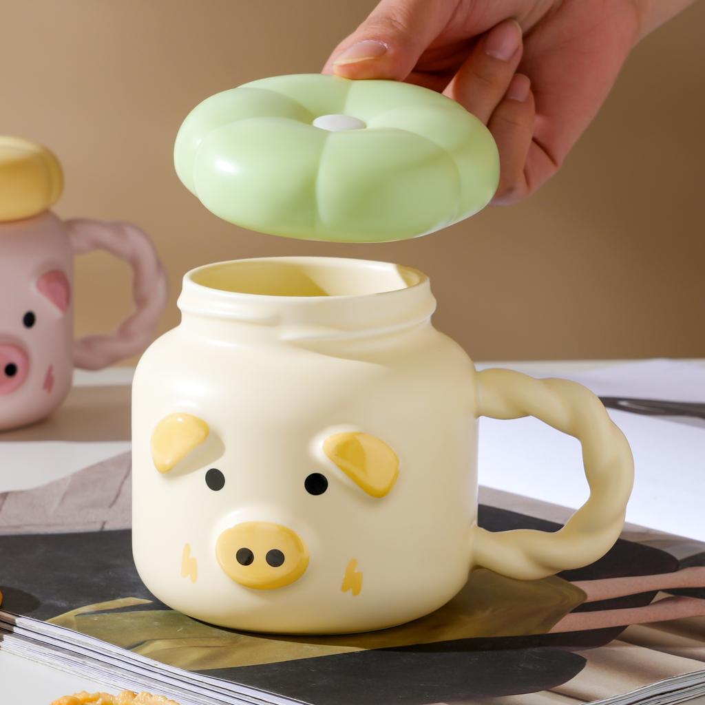 Pig ceramic mug cute with lid spoon water cup household coffee cup couple girl cup high value