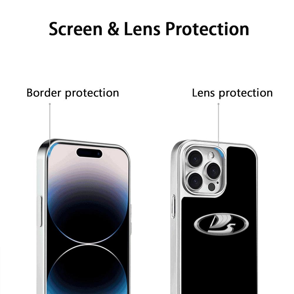 Cool Car L-la-Da Fashion Logo Design Phone Case for iPhone 16 15 14 13 12 11 Pro Max Sheepskin Silver-edged Protective Case