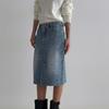 New Arrivals Open Run Front Slit Mid Blue Non Elastic Straight Denim Skirt