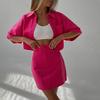 2Pcs/Set Women Shirt Skirt Set Lapel Short Sleeve Buttons Placket Shirt High Waist Short Skirt Set Solid Color Outfit