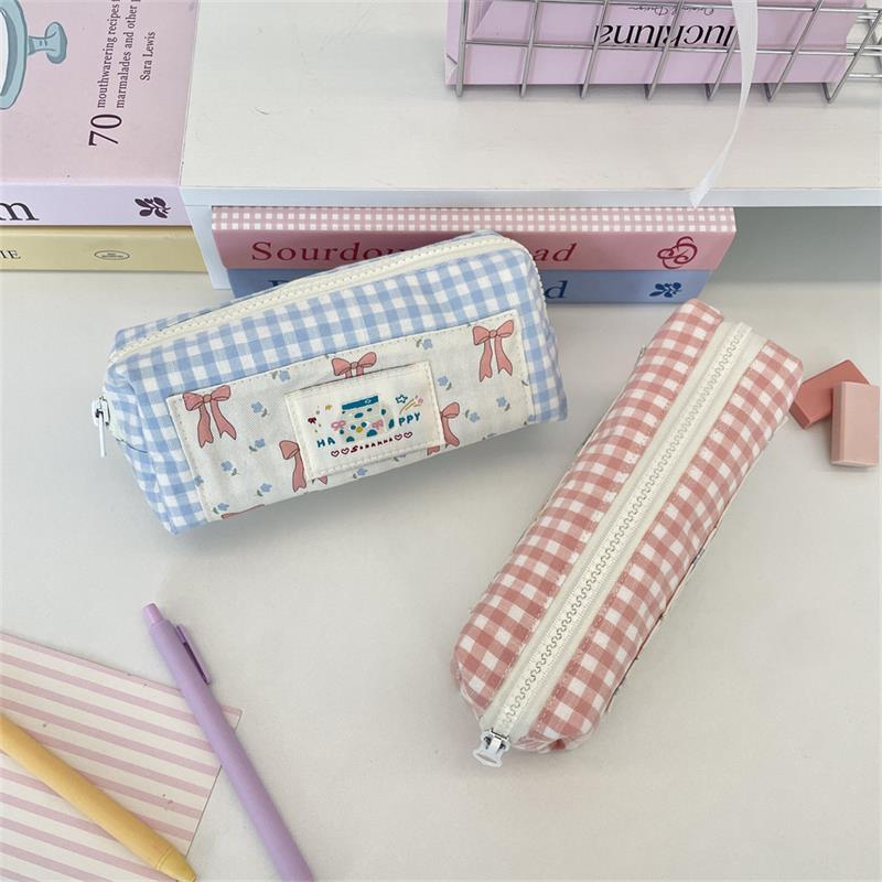 Sweet Cute Splicing Plaid Bow Pencil Case Portable Large Capacity Student Stationery Storage Bag Pen Bag Girly Cosmetic Bag Gift