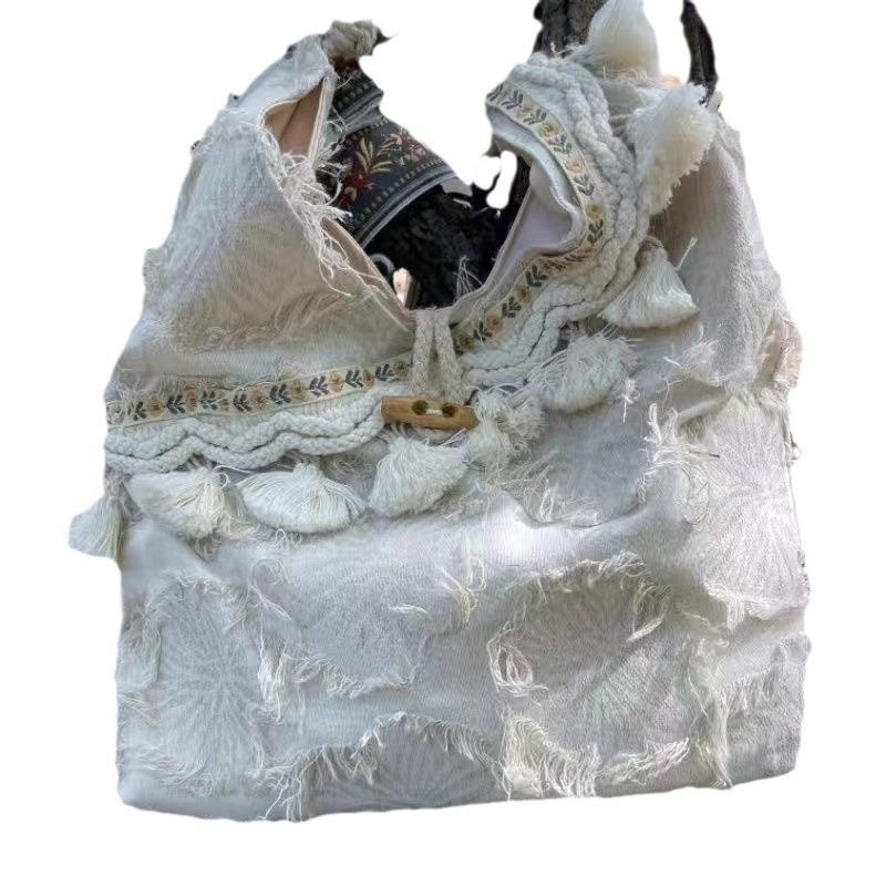 Zurück zum natürlichen ethnischen Stil, vielseitig, einfache Fransen-Farbschnalle, Nischen-Einzelschulter-Schrägkörpertasche, Stofftasche mit großem Fassungsvermögen