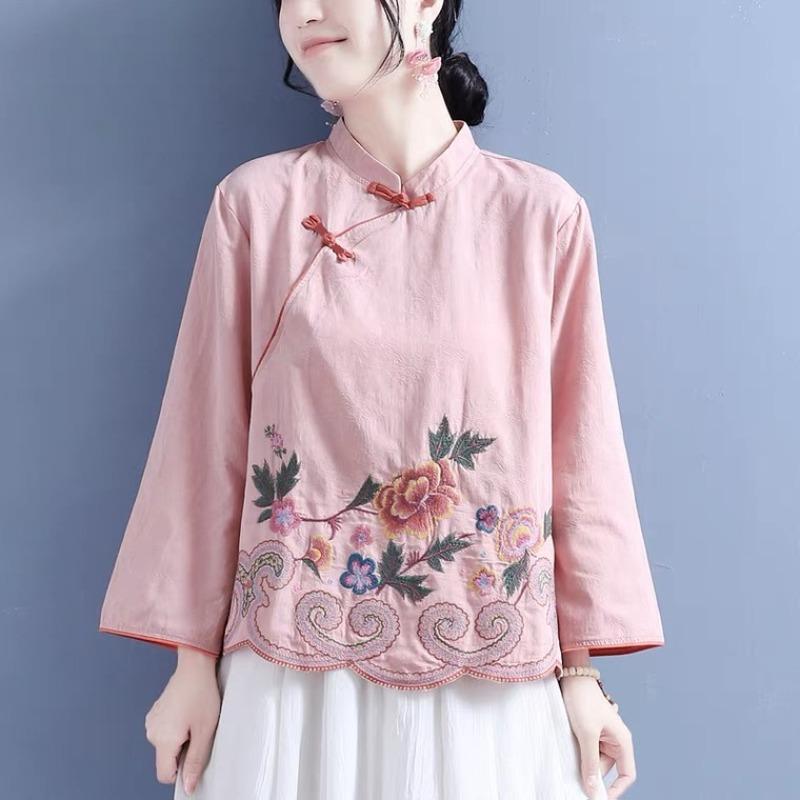 Chinese Style Embroidered Linen Shirts Spring Summer Retro Buttoned Long Sleeved Stand Up Collar Clothes Loose M розовый
