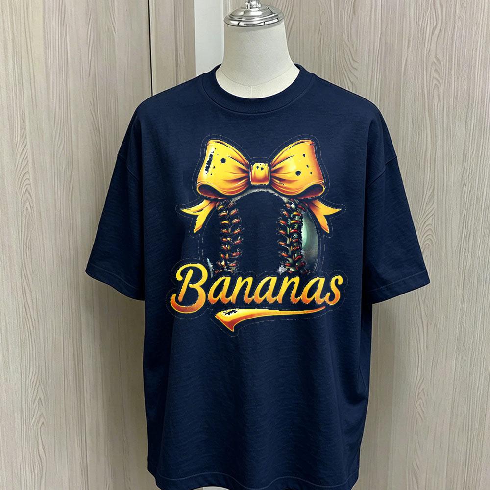 Bananas Baseball Yellow Bow Print Oversized Cotton Tee Retro Sports Loose Short Sleeve Tops Cute Game Day
