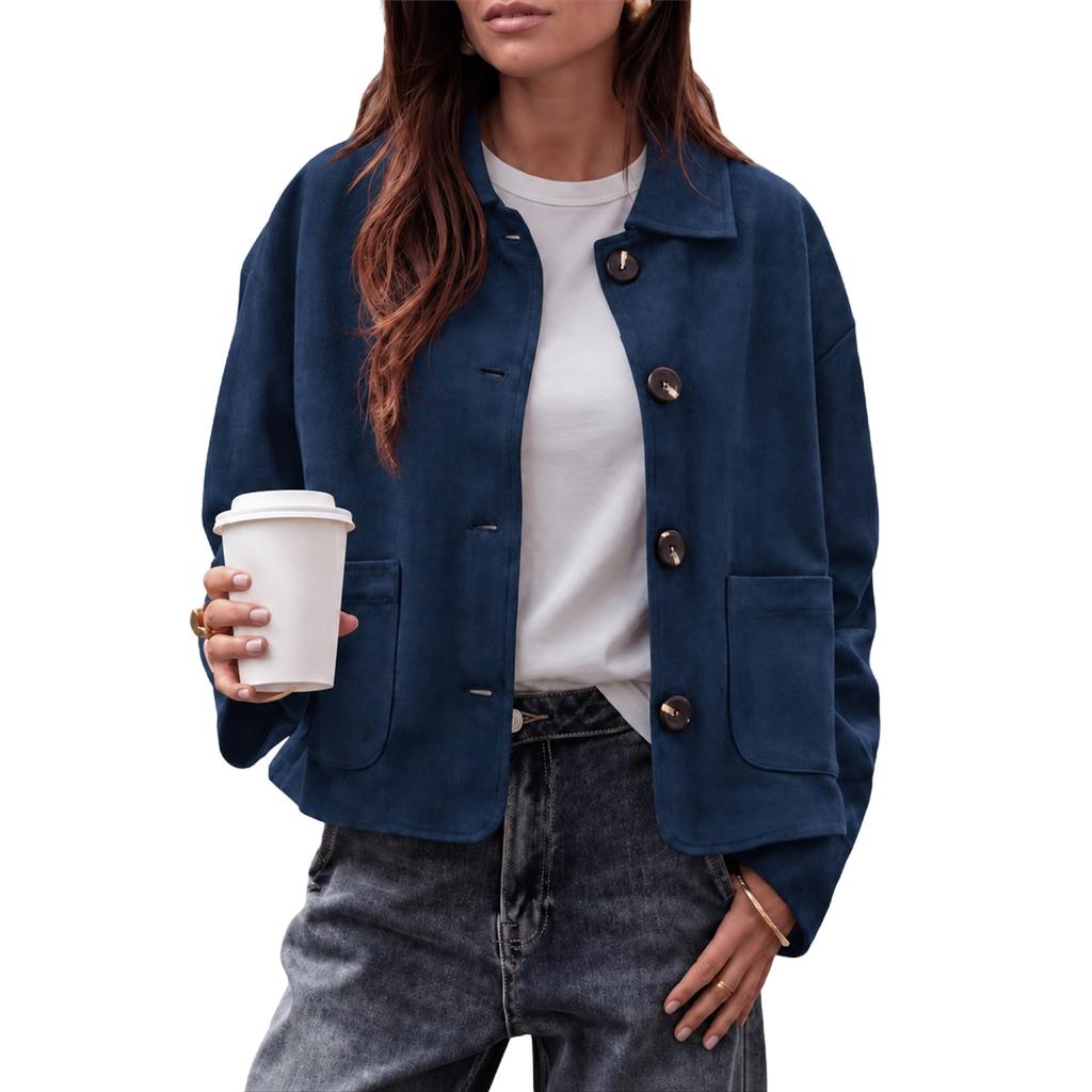 Damen Vintage Cropped Jacke mit Reverskragen Große Taschen Lockerer Drop-Shoulder Schnitt Freizeit-Oberbekleidung