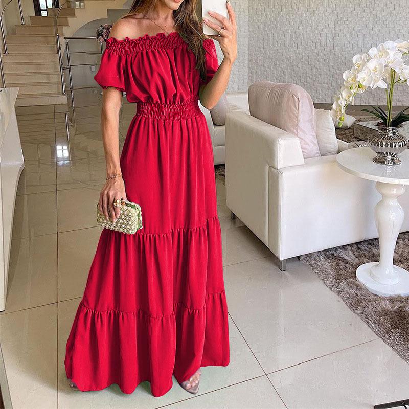 Women's One-Shoulder Short-Sleeve Long Spring Dress