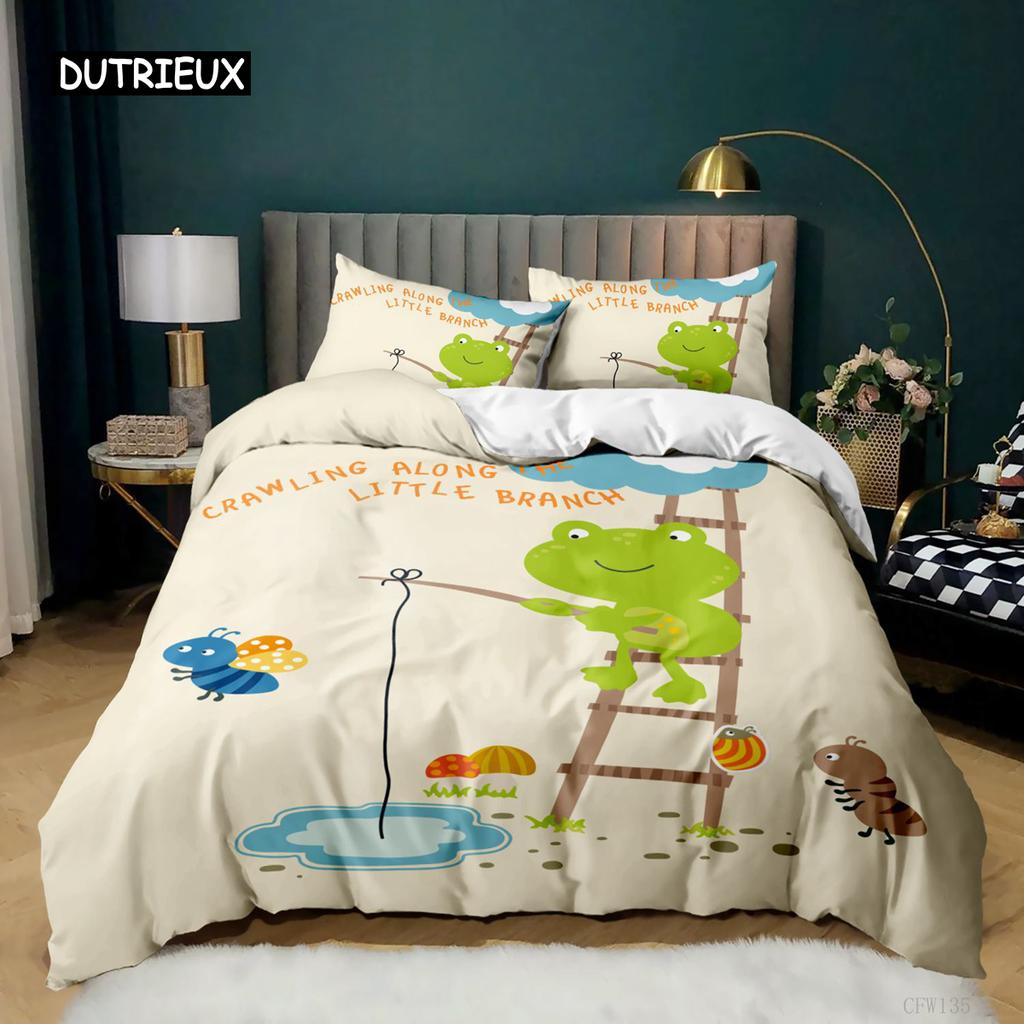Cartoon Frog Duvet Cover Set Light Green Cartoon Frogs Cute Dragonfly Animal Bedding Set for Kid Twin Size Polyester Quilt Cover