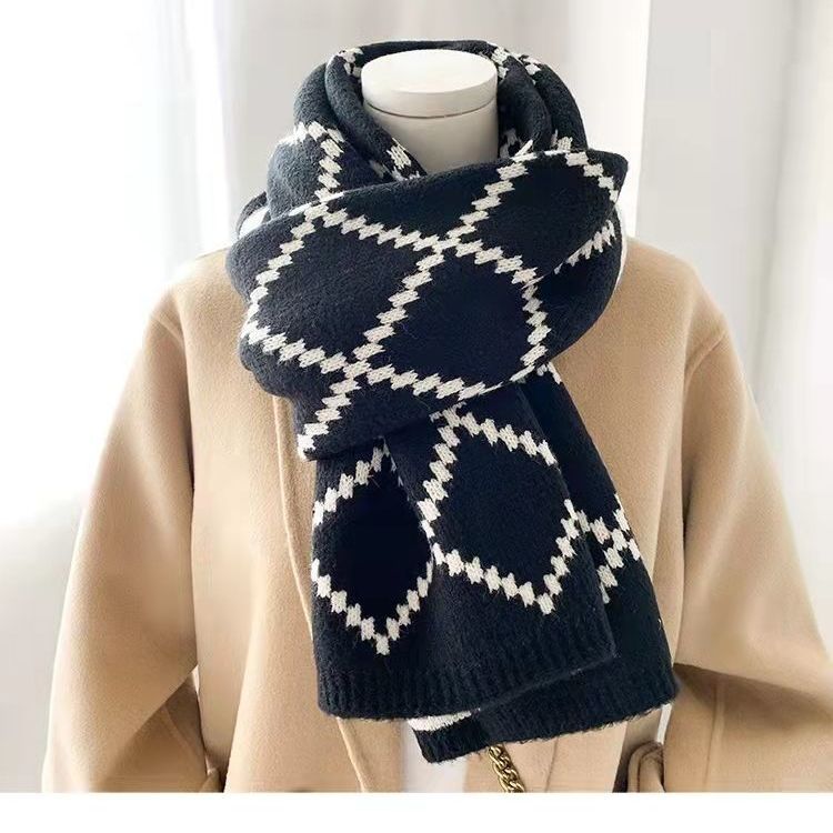Cute Soft Girl Women's Plaid Scarf Autumn Winter Korean Style Versatile Thickened Warm Knitted Wool Neck Warmer
