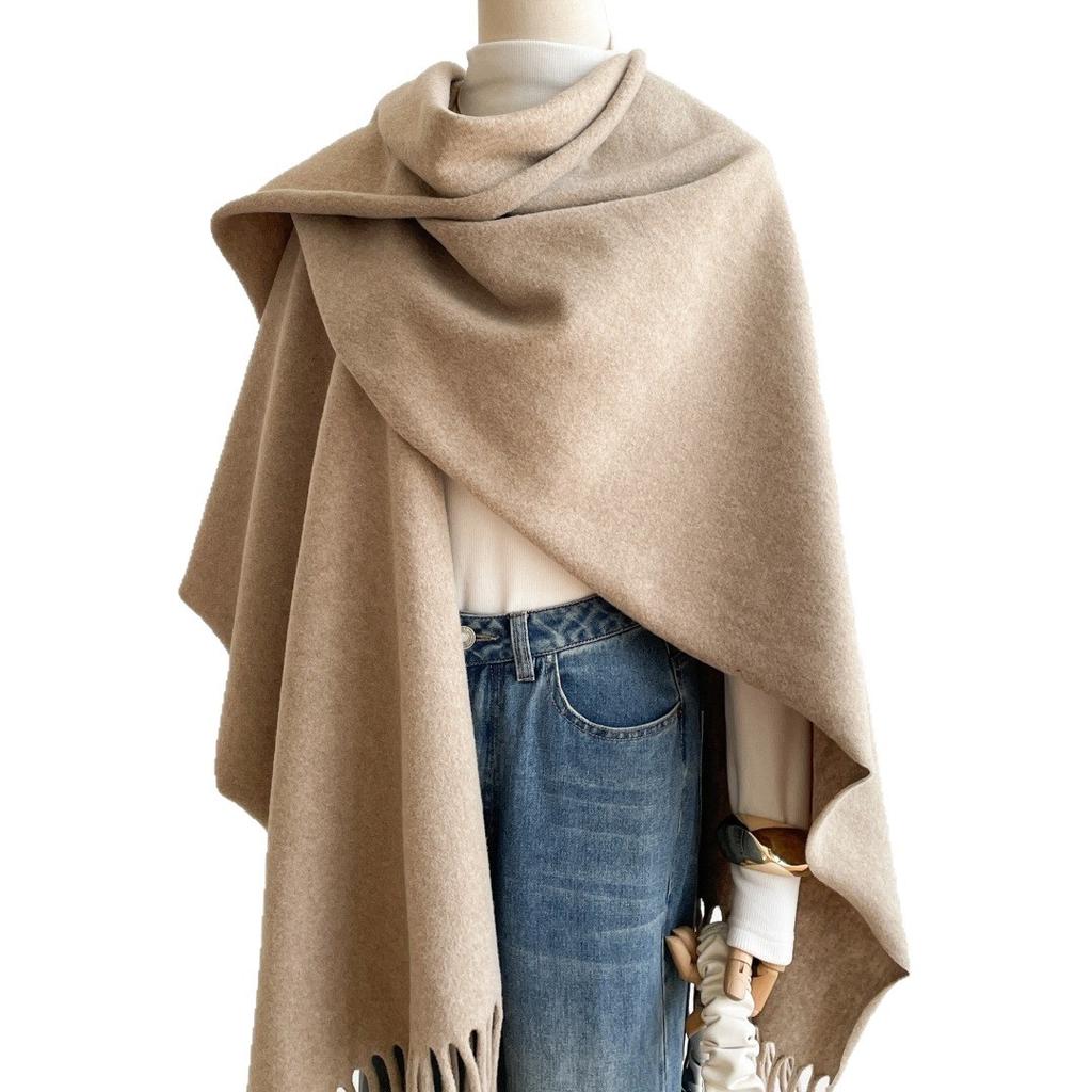 Premium Solid Color Outer With Thickened Imitation Cashmere Large Shawl Women'S Cape Cape Winter Warm Scarf