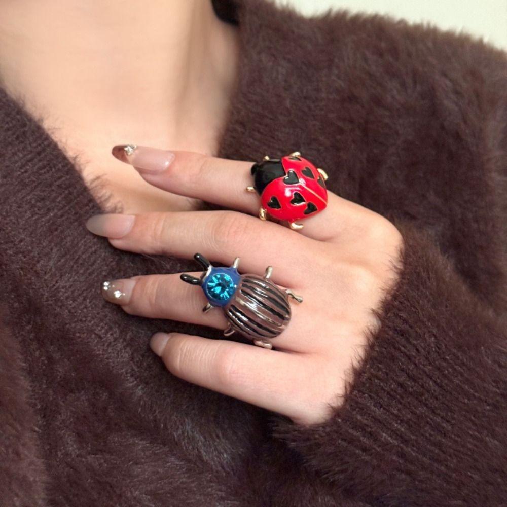 Insect Painting Ring Geometric Chunky Enamel Ring Personality Ladybird Drip Oil Ring  Decoration