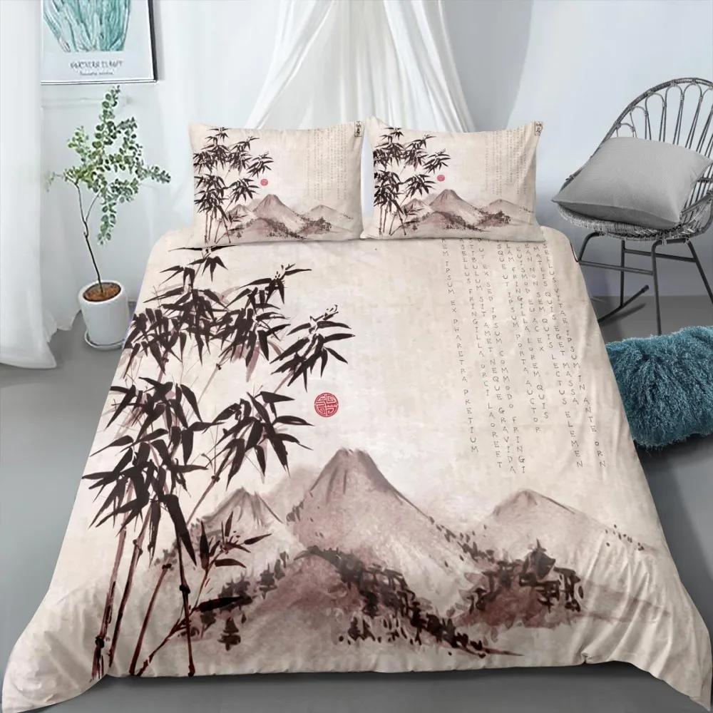 Ink Painting King Queen Duvet Cover Chinese Landscape Painting Bedding Set Adults Idyllic Scenery Mountain Polyester Quilt Cover