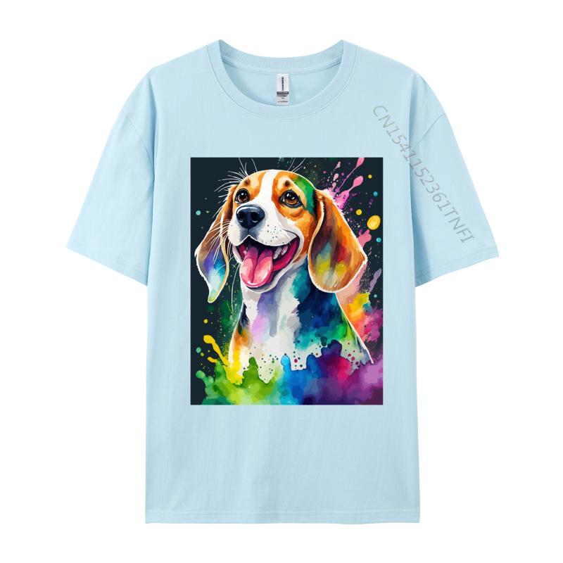 Beagle Dog Art Splash Colorful T Shirt Mens Pure Cotton Cute Style TShirts Crew Neck Tees Clothing Streetwear