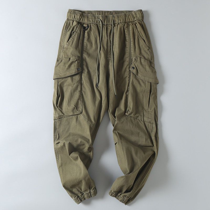 Heavyweight Vintage Large-Pocket Cargo Pants for Men, Autumn Season, Trendy Brand, Washed Pure Cotton, Loose Fit, Jogger-Style Harem Casual Long Pants