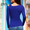 Women Top Sexy Tops Skew Collar Slanted Shoulder Bottoming Body Curves Enhancing Hollow Design Slim Fit Solid Color Long-Sleeved T-Shirt Long-sleeved