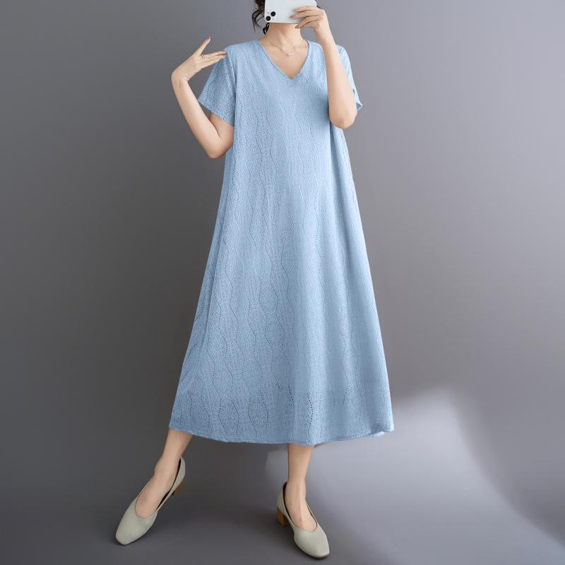 2026 Korean Style V-Neck Plus Size Lace Travel Resort Dress for Women