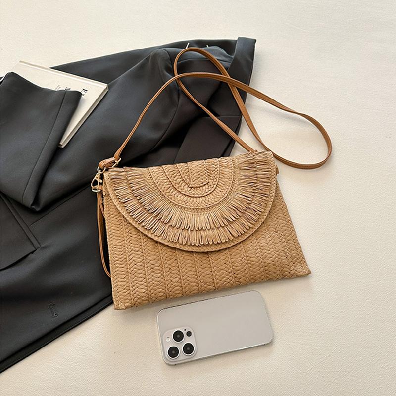Straw Handmade Weave Clutch Bag Solid Color Pouch Purse Female Summer Flap  Beach Wallets Crossbody Bag