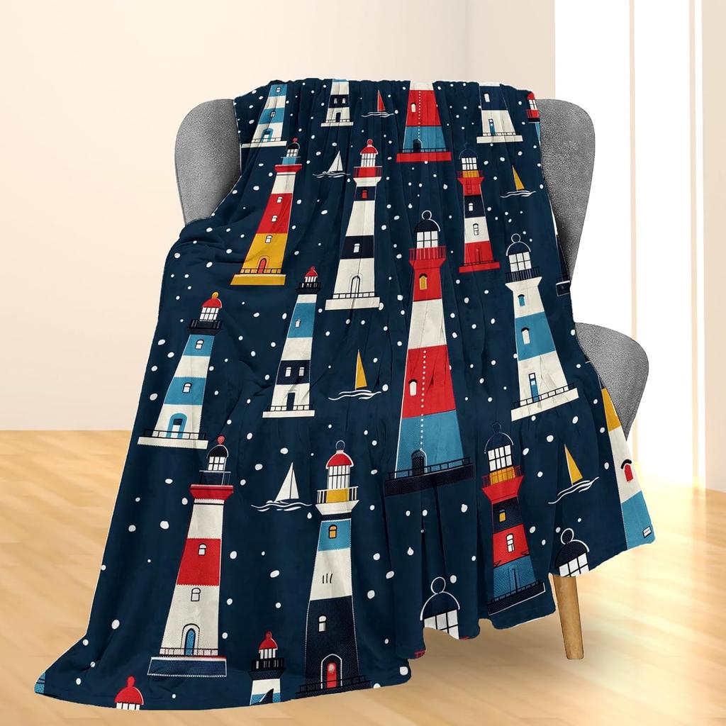 Colorful Lighthouse Blanket - Soft Lightweight Cozy Nautical Flannel Throw Blanket for Adults Kids Women Girls, Warm Fuzzy Blank