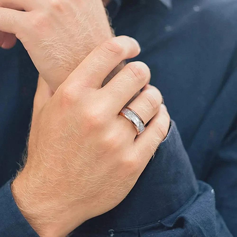 Trendy 8mm Rose Gold Color Men Stainless Steel Rings Vintage Imitated Meteorites Inlaid Rings For Men Wedding Band  Gifts