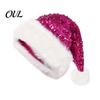 Double Layer Thickened Velvet Hat Christmas Sparkly Sequins Santa for Adults, Plush Glitter Bling Warm Ear Protection Holiday Cap with Fluffy