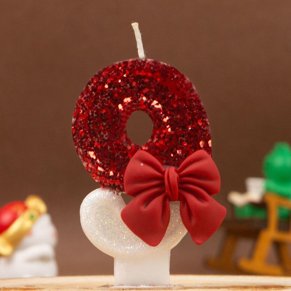 Red White Sequins Bow 0-9 Birthday Digital Candle - Creative Premium Cake Decoration