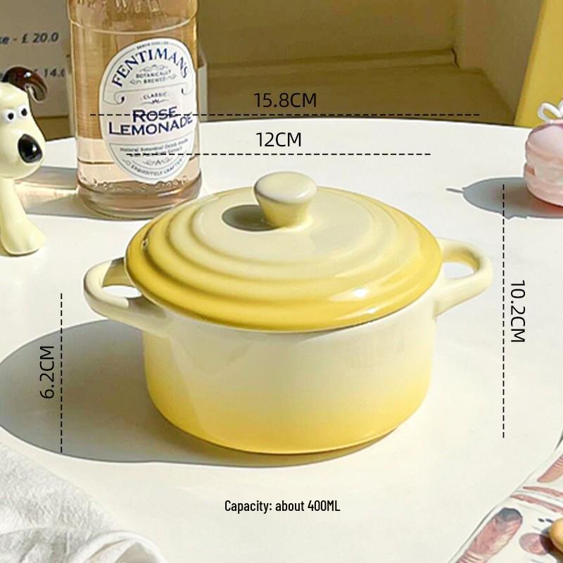 Gradient Ceramic Underglaze Stew Pot with Lid - Double Ear Bowl for Soup, Stews, or Steamed Eggs
