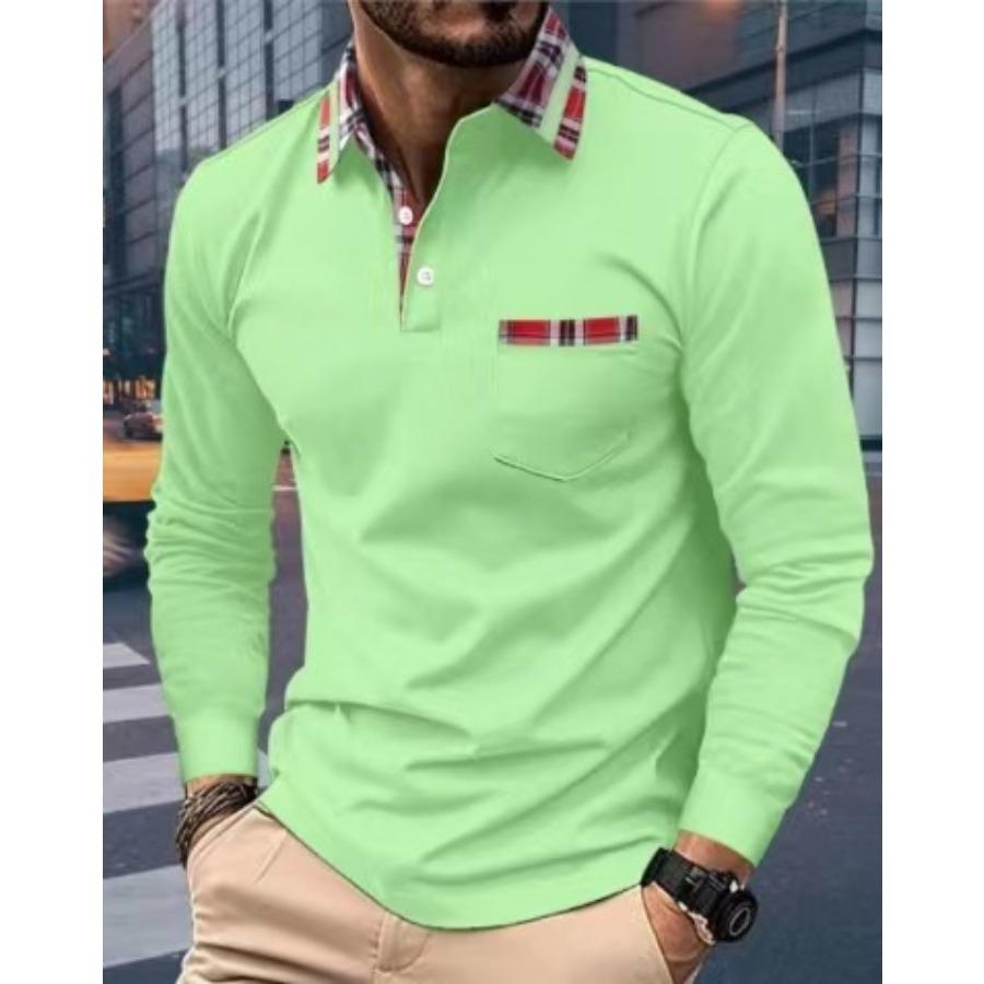Long Sleeve Lapel Polos Shirts Check Patchwork Tops Men's Casual Spring Autumn Sports Polo Shirt