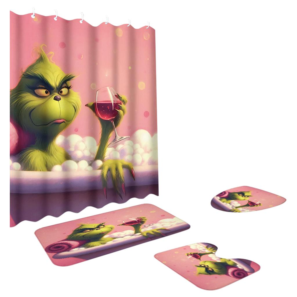 Greentown Series Shower Curtain Floor Mat Four Piece Set, Home Bathroom Dry Wet Separation Partition Shower Curtain Waterproof Shower Curtain