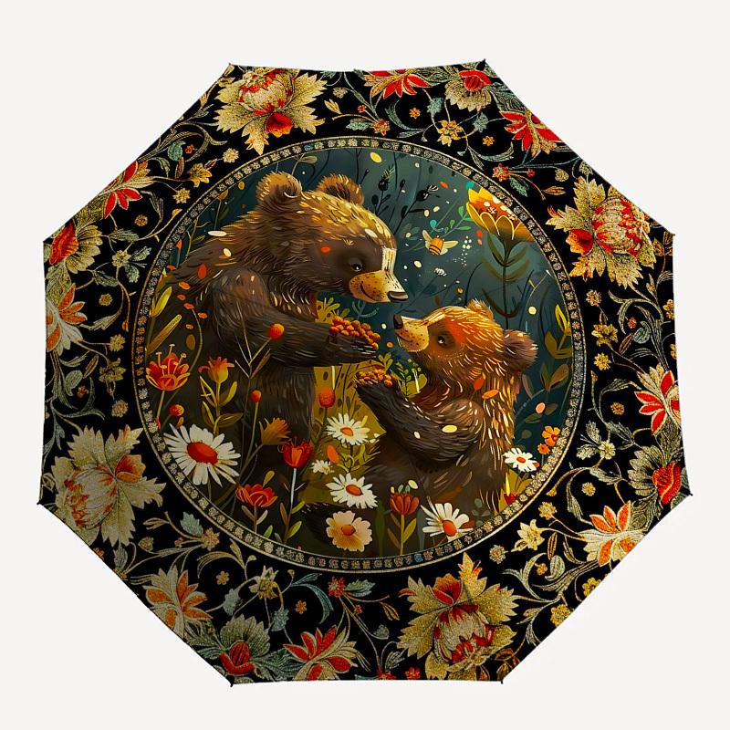 Bears, FloralThemed Automatic Opening and Closing Umbrella 8 Ribs, Suitable for Leisure and Going Out, Outdoor Accessory, Gothic Style, Fa