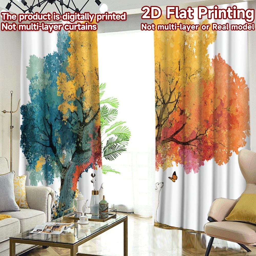 2D FLAT PRINTING 2pcs Curtains (Without Rod) Colorful Tree with Butterflies and Dog Popular Curtains&Drapes Durable 100%