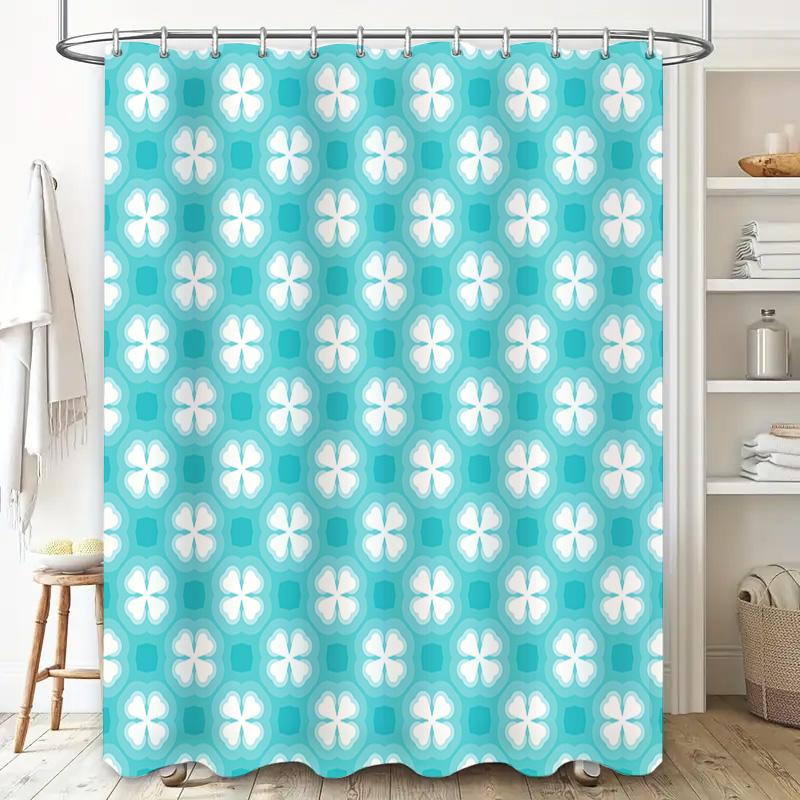 Blue And White Geometric Flower Shower Curtain Decor For Bathroom Modern Floral Design Waterproof Fabric Easy Install Hook Inclu