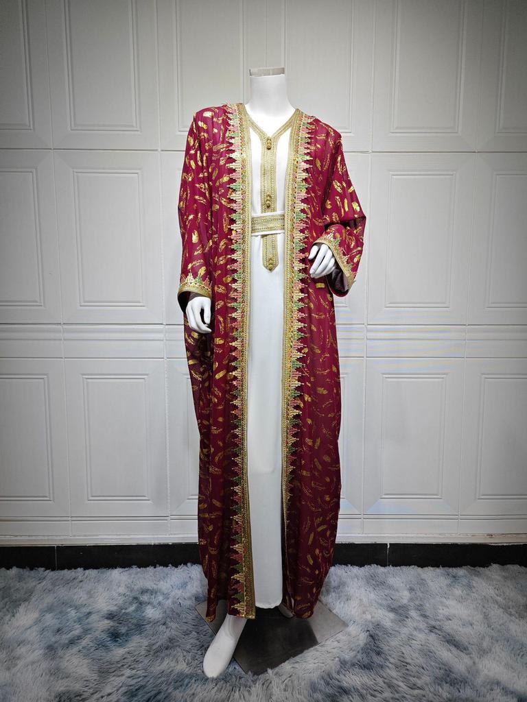 AB454 Women's Plus Size Dubai Chiffon Abaya Set - Three-Piece Middle Eastern Cardigan Long Dress with Hot Stamping