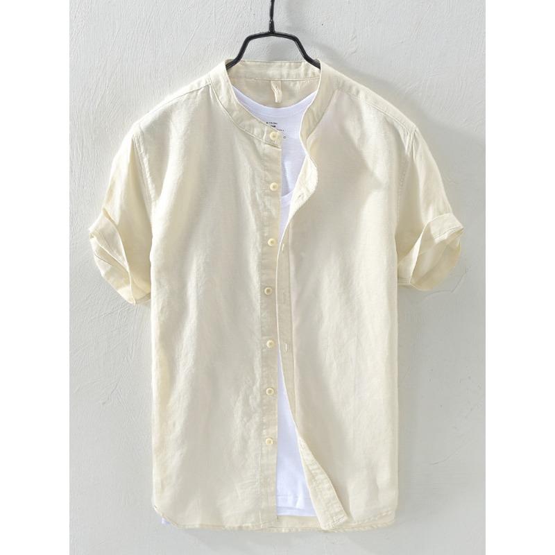 Męska lniana koszula z krótkim rękawem i kołnierzykiem stójką - Przewiewna, casualowa, luźny krój, zapinana na guziki