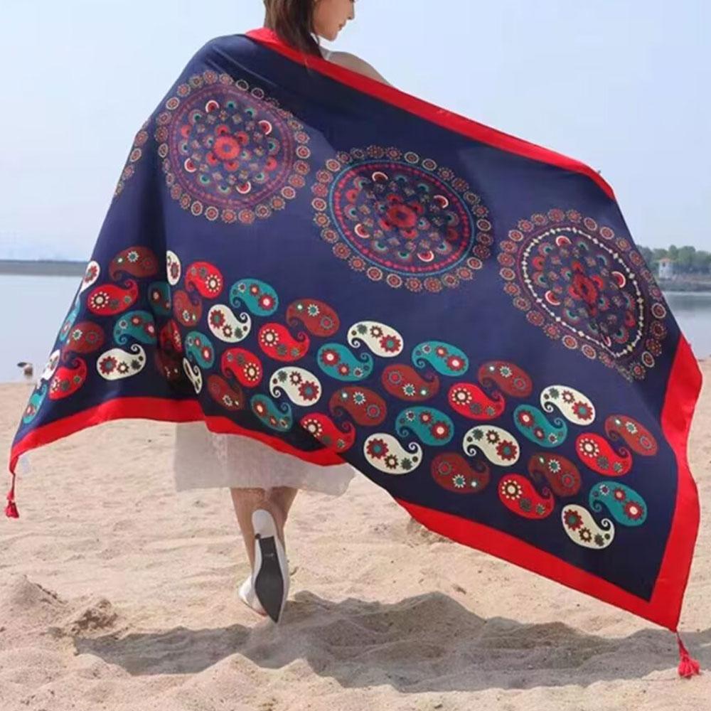 180Cm Leopard Print Flower Ethnic Style Scarf For Women'S Summer Sun Protection Silk Scarf, Paired With A Shawl Cape Beach Scarf