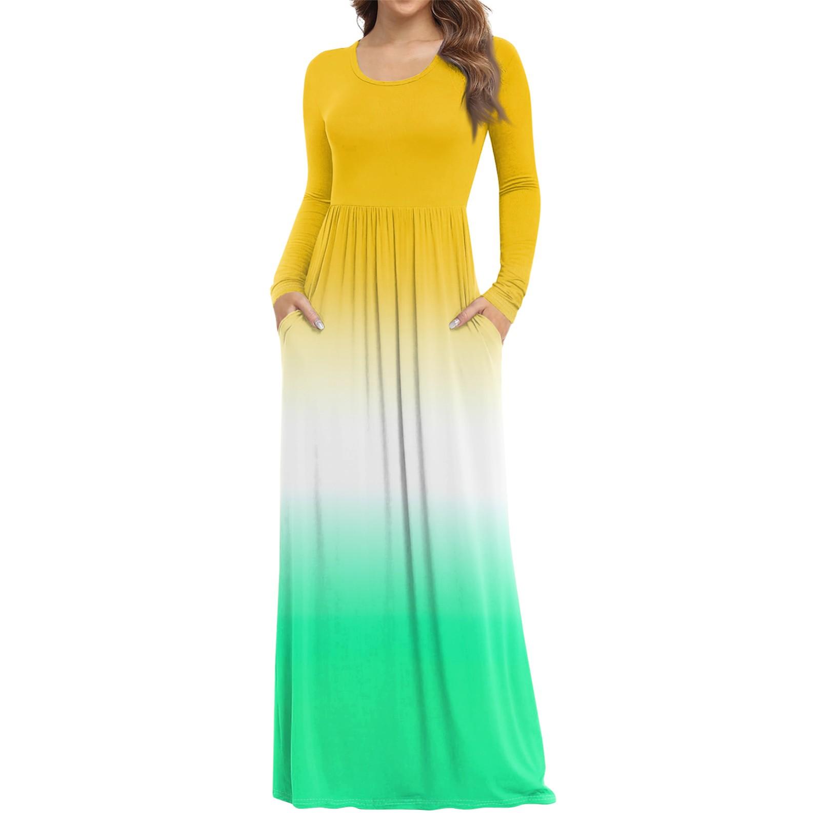 

Женское модное повседневное платье с круглым вырезом и длинными рукавами с карманами XL жёлтый