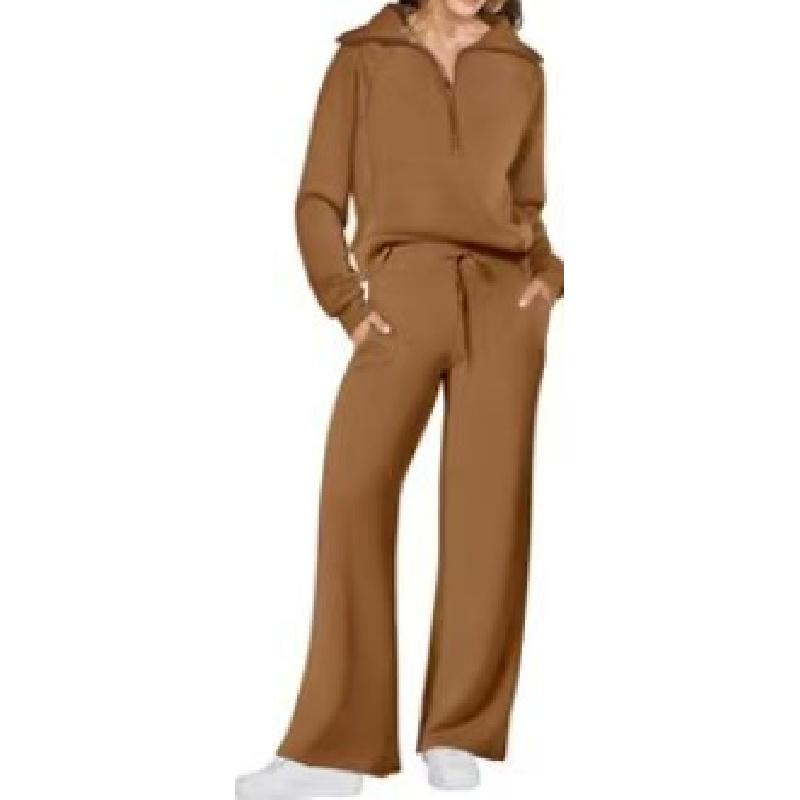 Autumn Fashion Casual Sports Set: Zippered Long-Sleeve Women's Sweatshirt and Wide-Leg Pants Two-Piece Set