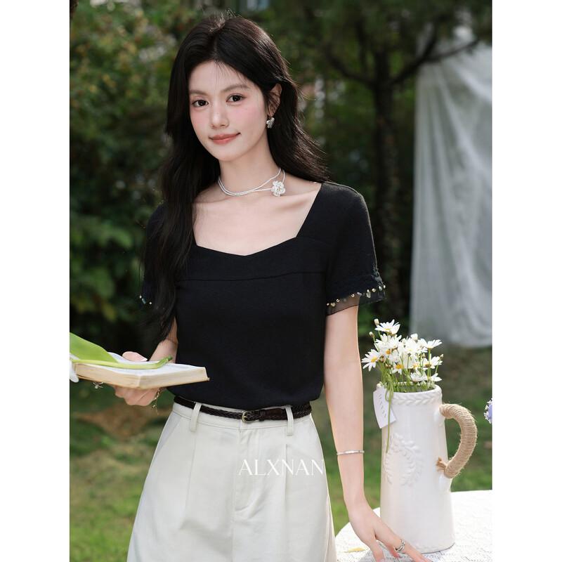 Lu Xiangnan French Chic Black Short Sleeve T-shirt