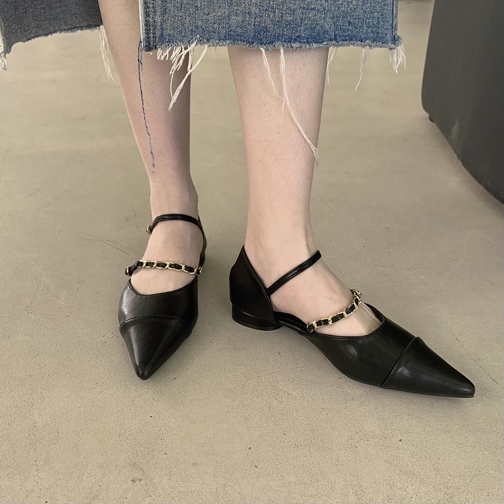 fashion Pointed Toe Women Flats Loafers Metal Chain Black Beige Wine red Dress Shoes Flat Low Heels Elegant Office Ballet Dance Mules