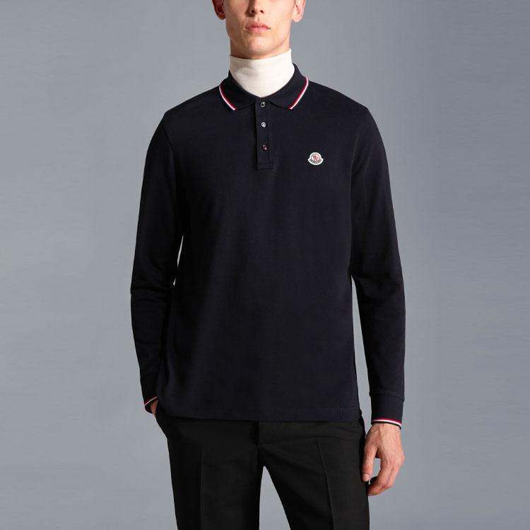 Moncler FW22 Uni Logo-Aufnäher Baumwolle Langarm Poloshirt Herren Poloshirts Marineblau H20918B701008455677X