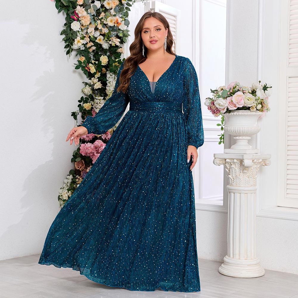 

European Style Shiny Pleated Long Sleeve V-Neck A-Line Evening Gown XL