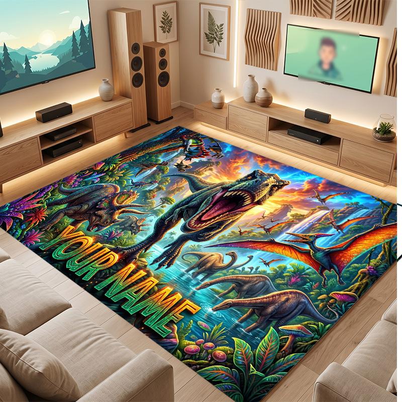 Dinosaur Theme Soft Crystal Velvet Rug Custom Name & Text Print Non Slip Floor Rug for Bedroom Living Room