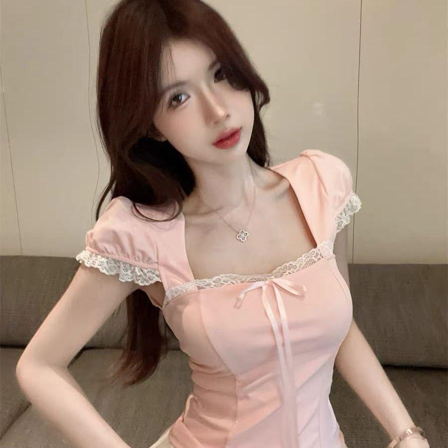 Pink Square Neck Puff Short Sleeve Top Lace Trim Bow Slim Fit Sweet Romantic Blouse