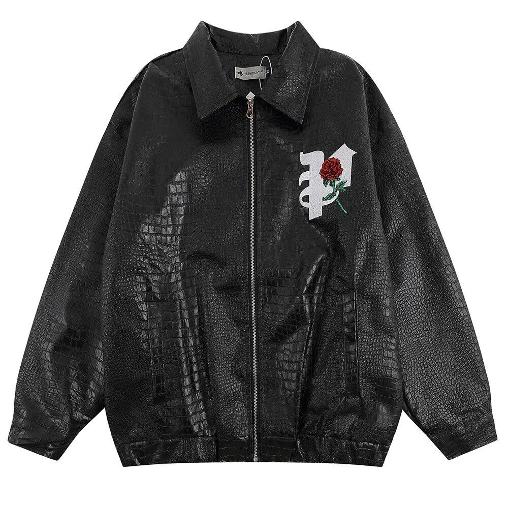 

Autumn Black Oversized Crocodile Leather Biker Jacket Men Rose Letter Embroidery Casual Loose Korean Fashion Faux Leather Jacket