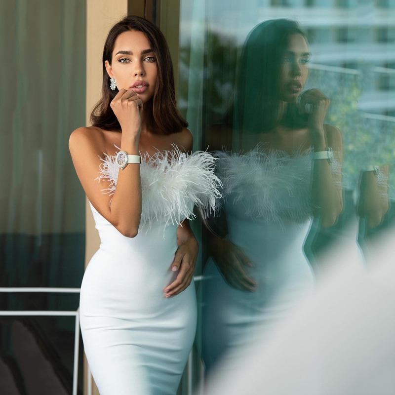 Spring new women s clothing Spice Girls feather tube top dress hip temperament couter tight dress S белый